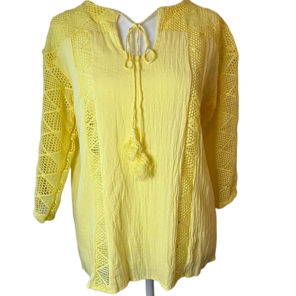 Yellow Lightweight 3/4 Sleeve Shirt with Lace Details & Tassels  Size Medium - Picture 3 of 10
